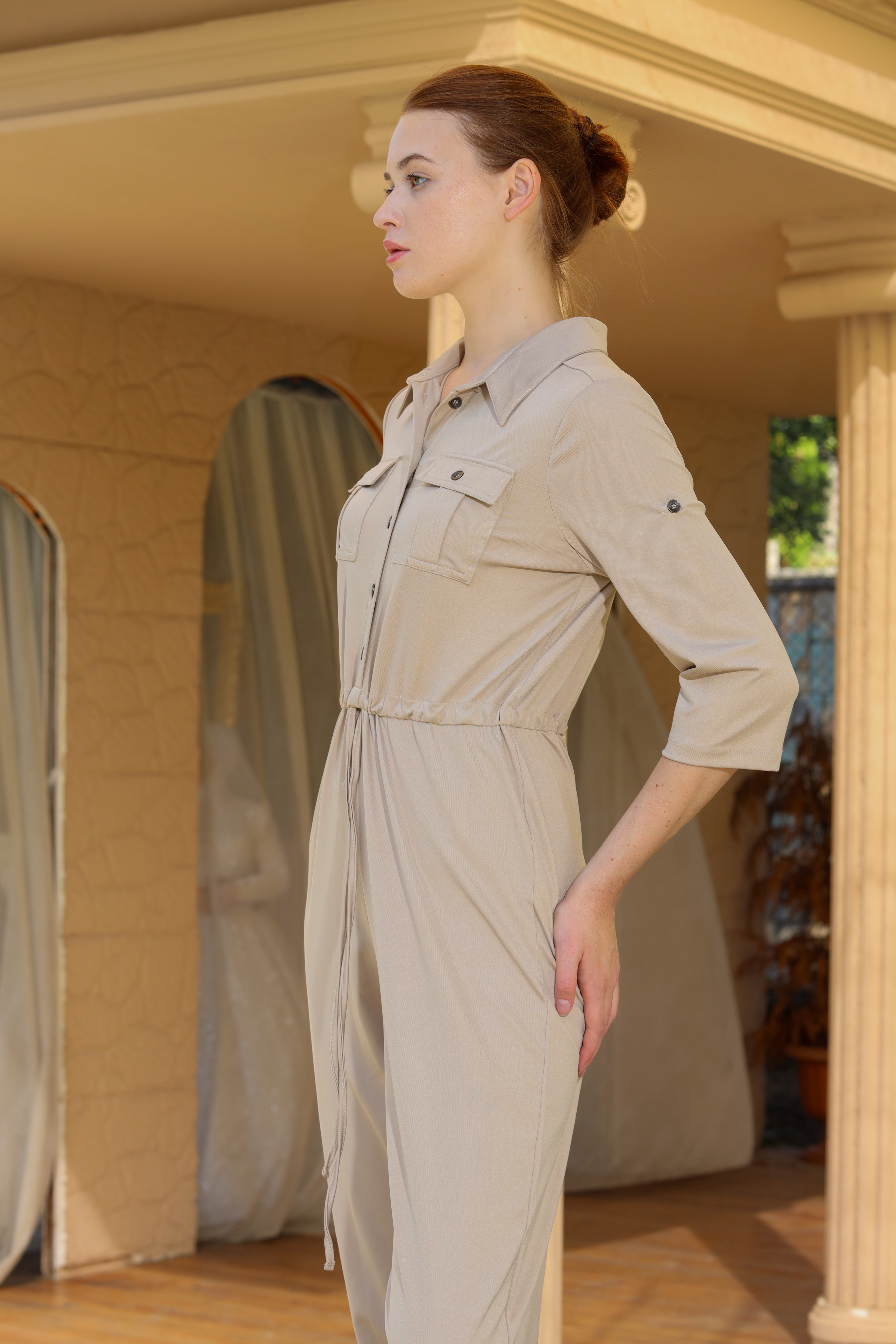 Kadın Polo Yaka Önü Düğmeli Tulum