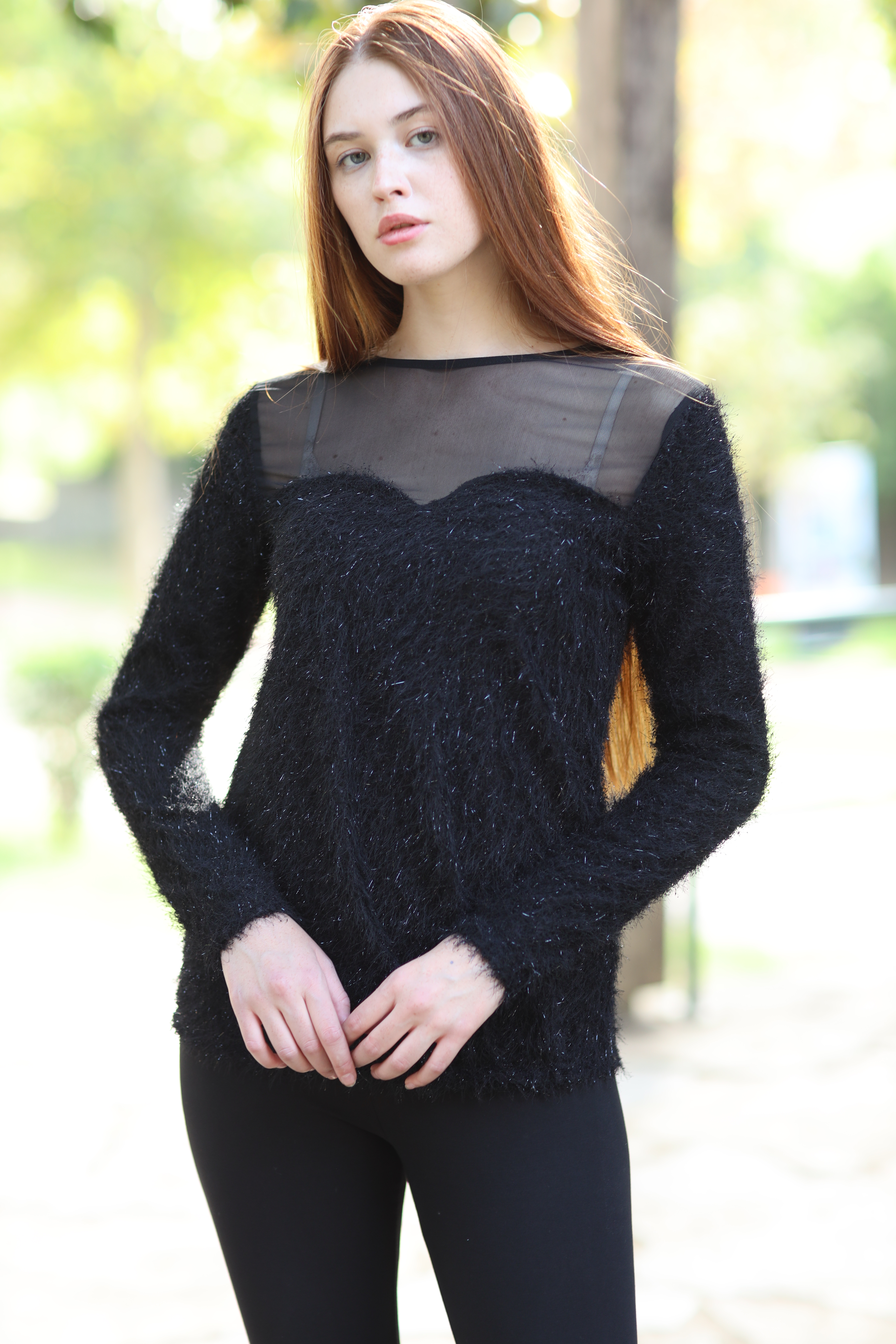 Kadın Uzun Kollu Pullu İlüzyon Yakalı Bluz